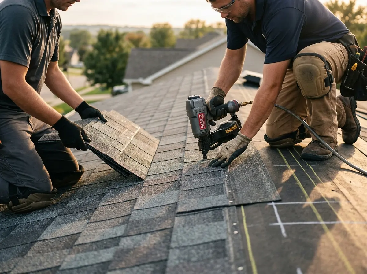 Professional roofer working on a residential roof in Vail